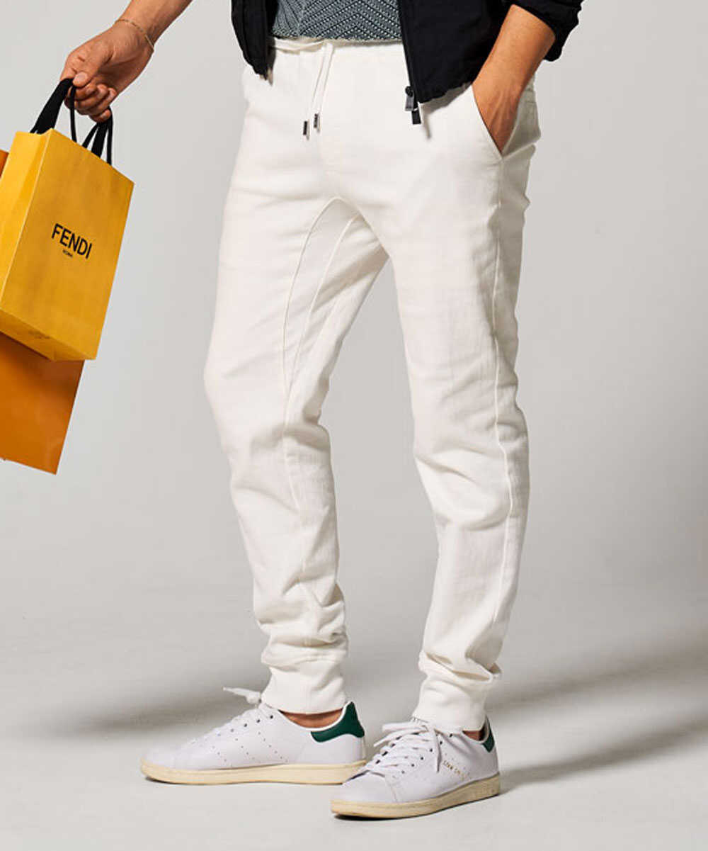 限定 テイパード デニム風 裾リブ ストレッチツイル イージーパンツ