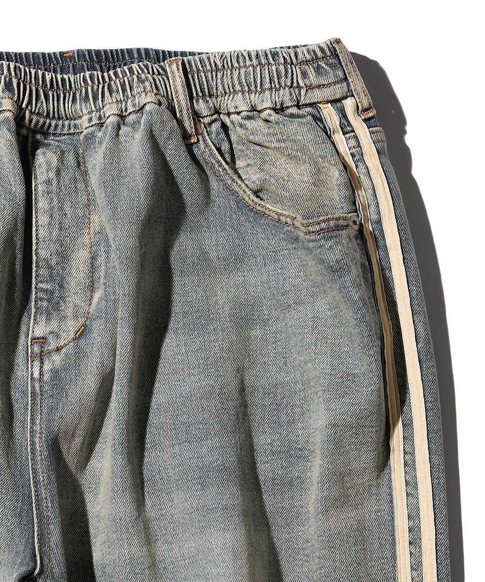 "ガムストレッチ デニム" サイドライン ワイドデニムパンツ