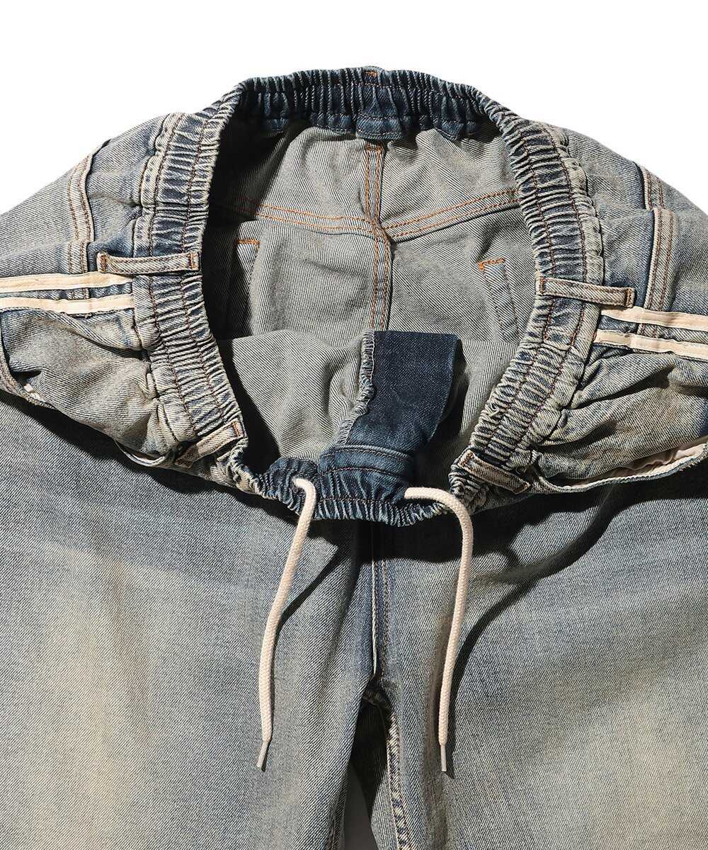 "ガムストレッチ デニム" サイドライン ワイドデニムパンツ