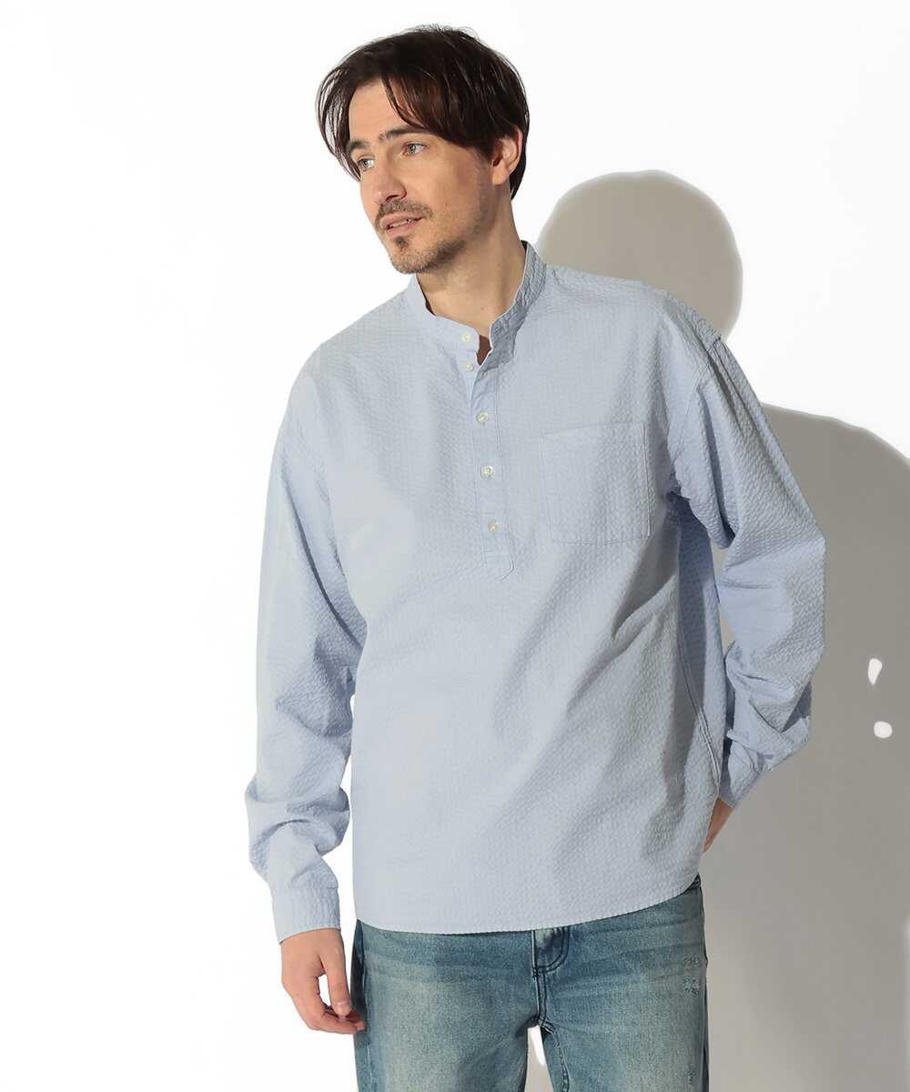 シアサッカー バンドカラーシャツ