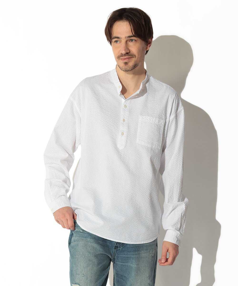 シアサッカー バンドカラーシャツ