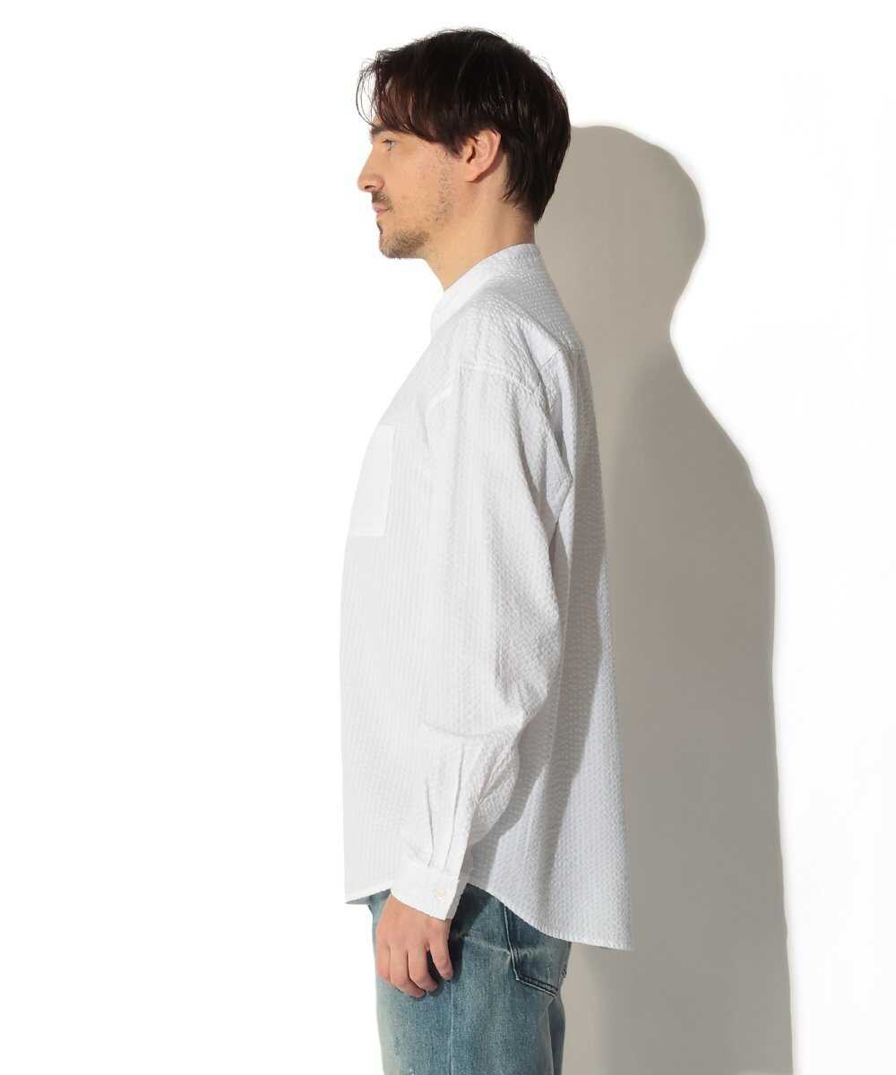 シアサッカー バンドカラーシャツ