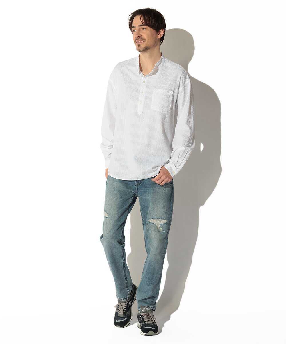 シアサッカー バンドカラーシャツ