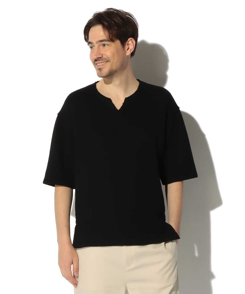 クォーターニット キーネック5分袖Tシャツ