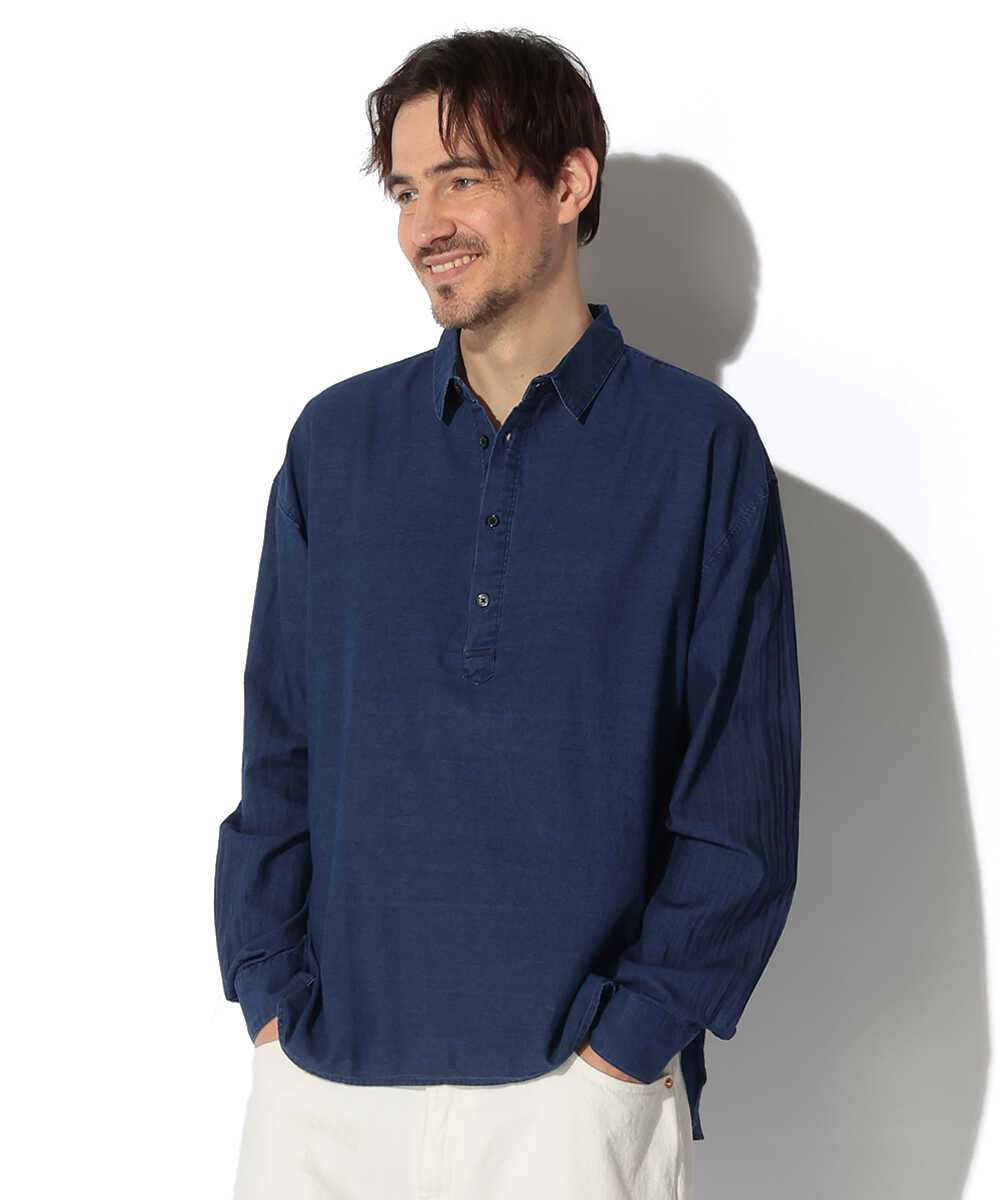 シアーデニム プルオーバー ショートカラーシャツ