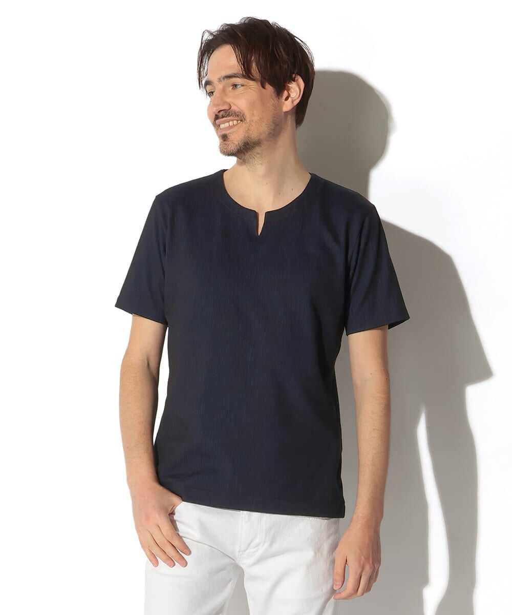 ランダムストライプ キーネックTシャツ