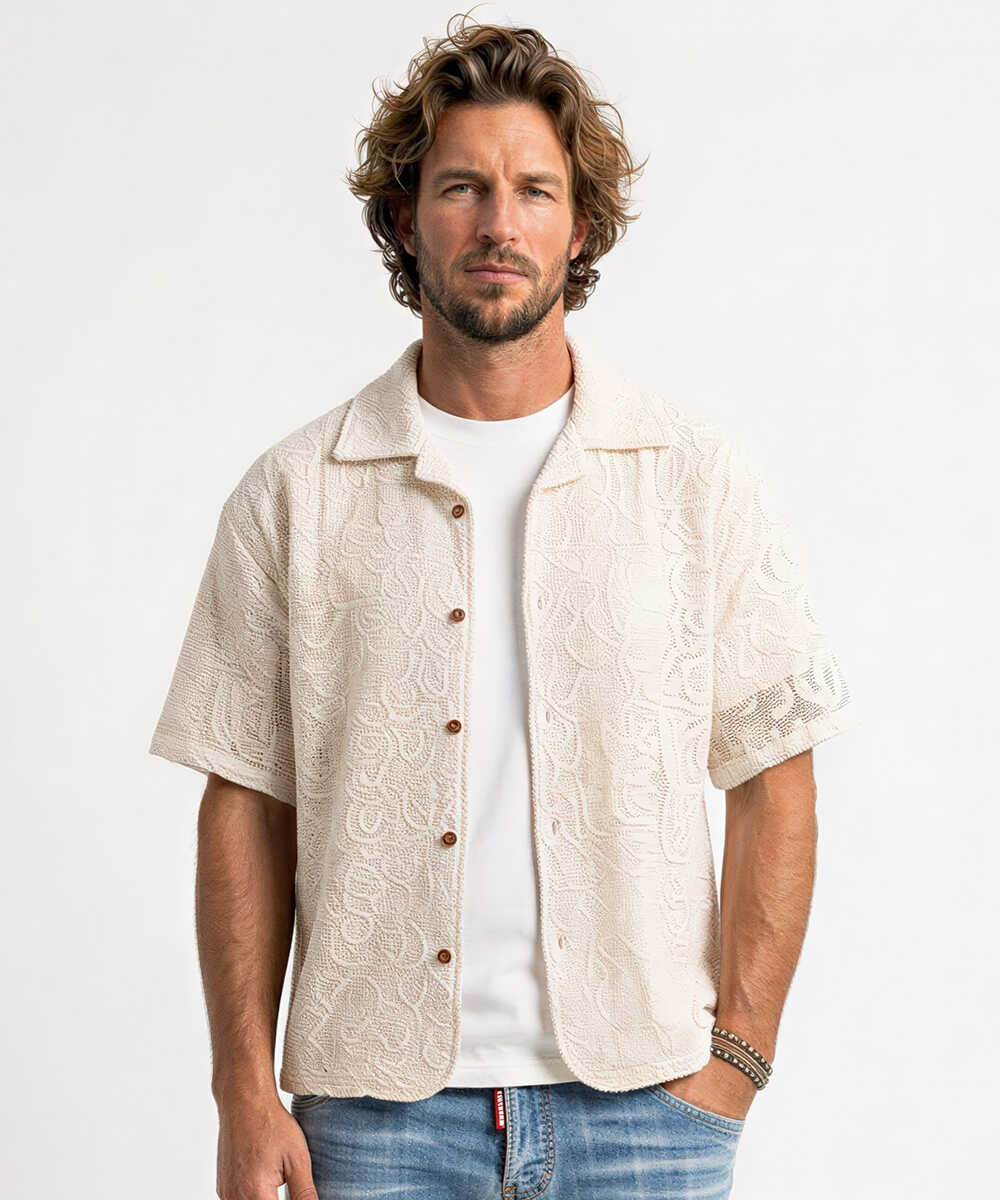 刺繍 開襟半袖シャツ