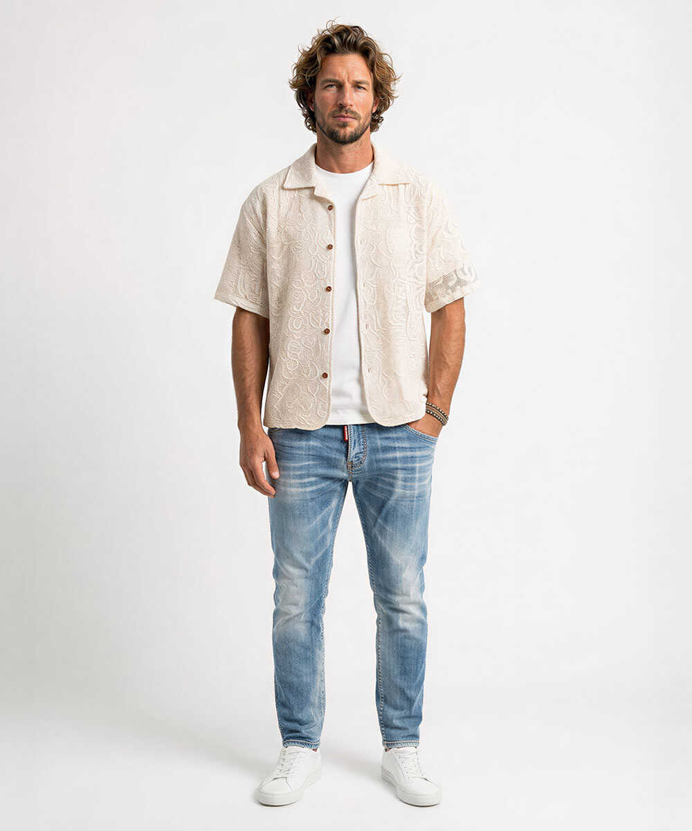 刺繍 開襟半袖シャツ