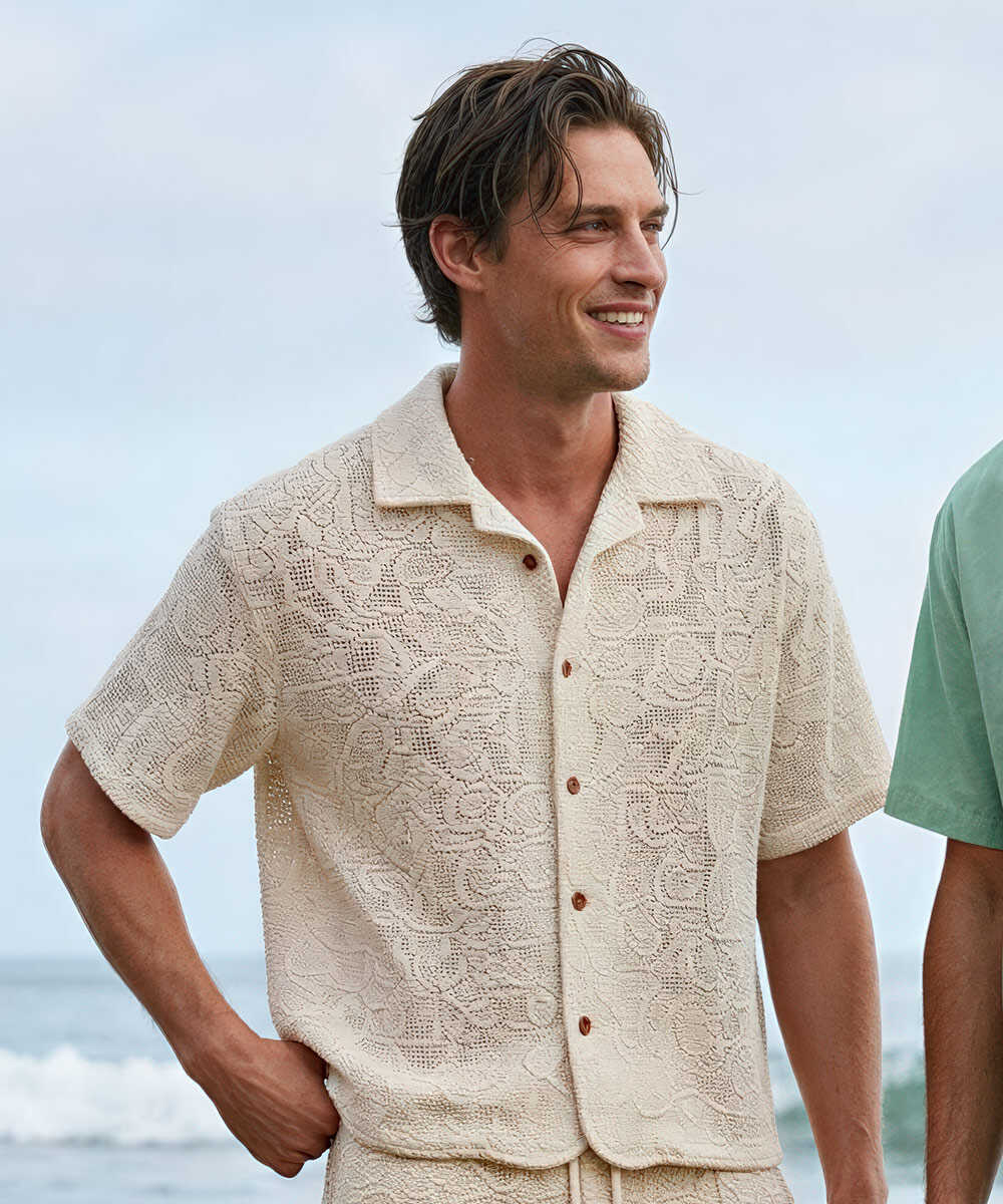 刺繍 開襟半袖シャツ