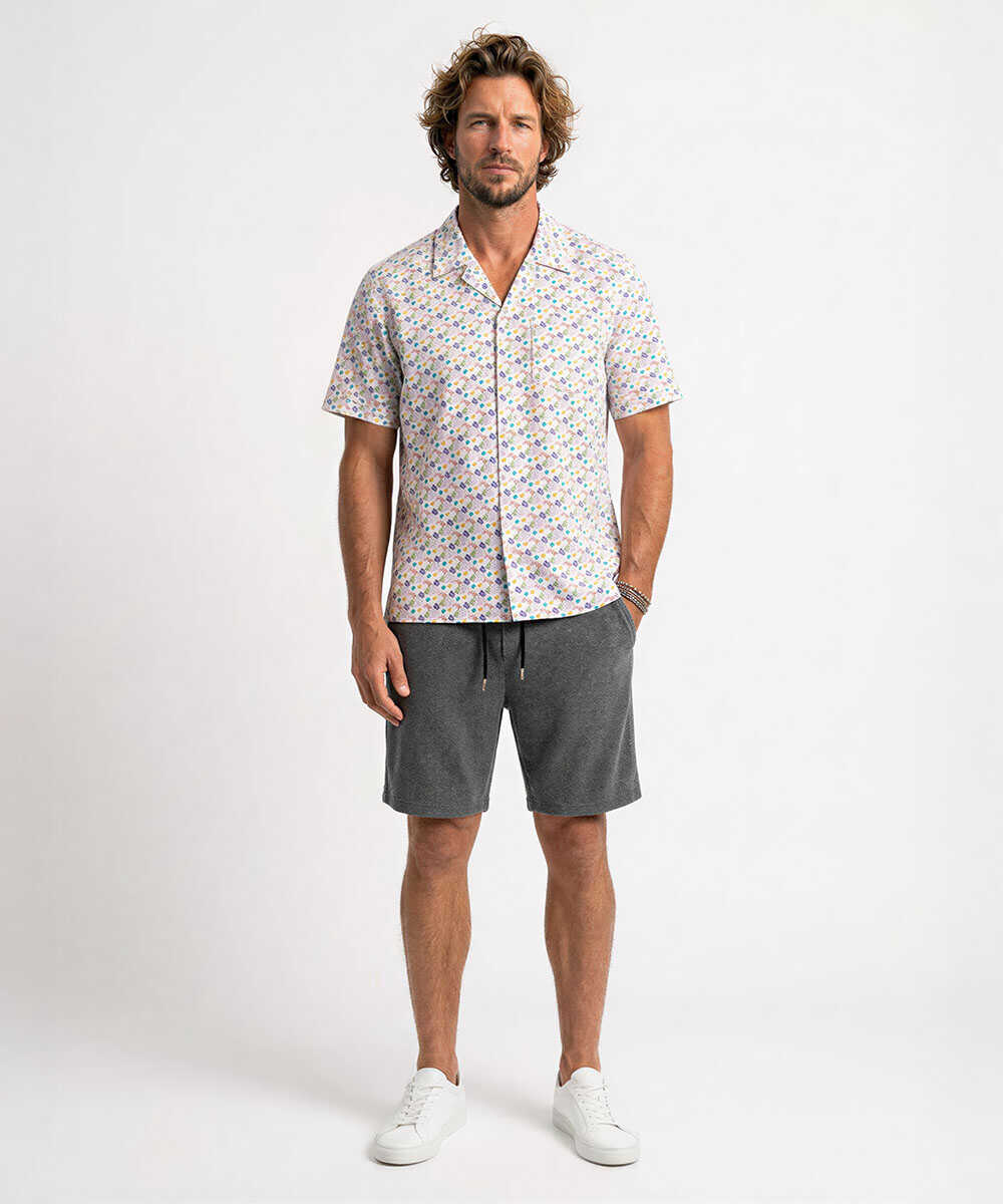 総柄プリント 開襟半袖シャツ