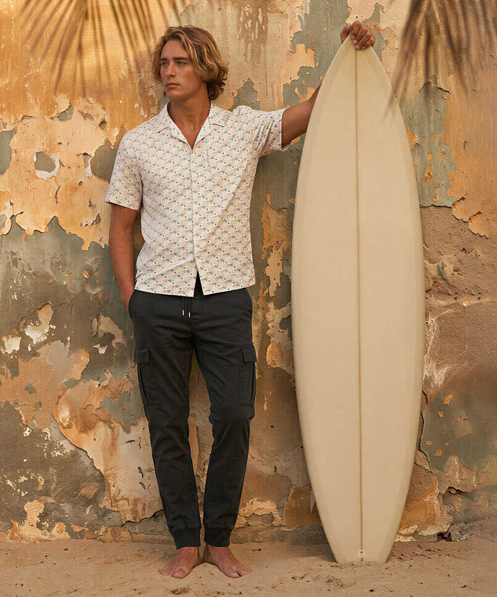 総柄プリント 開襟半袖シャツ