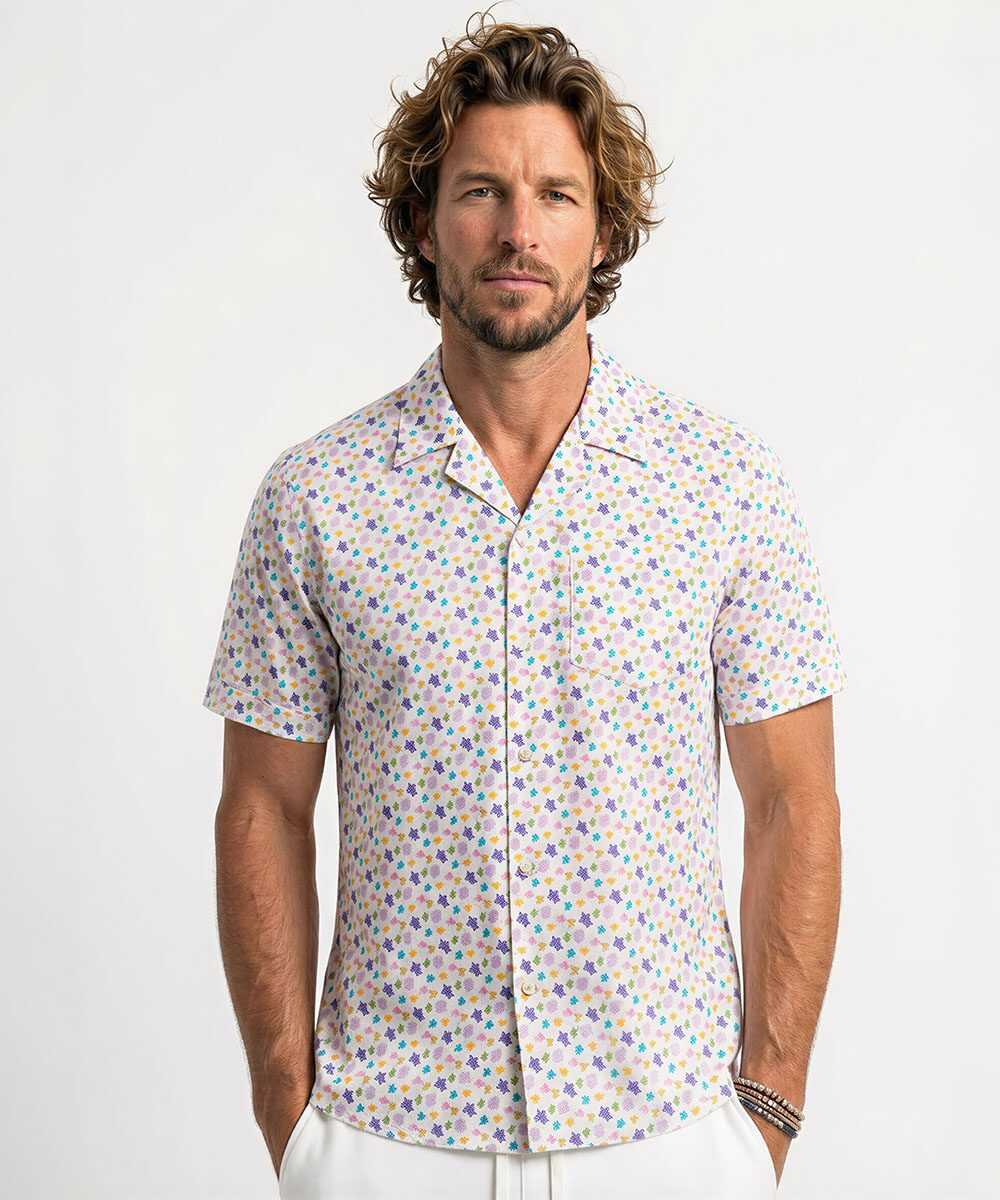 総柄プリント 開襟半袖シャツ