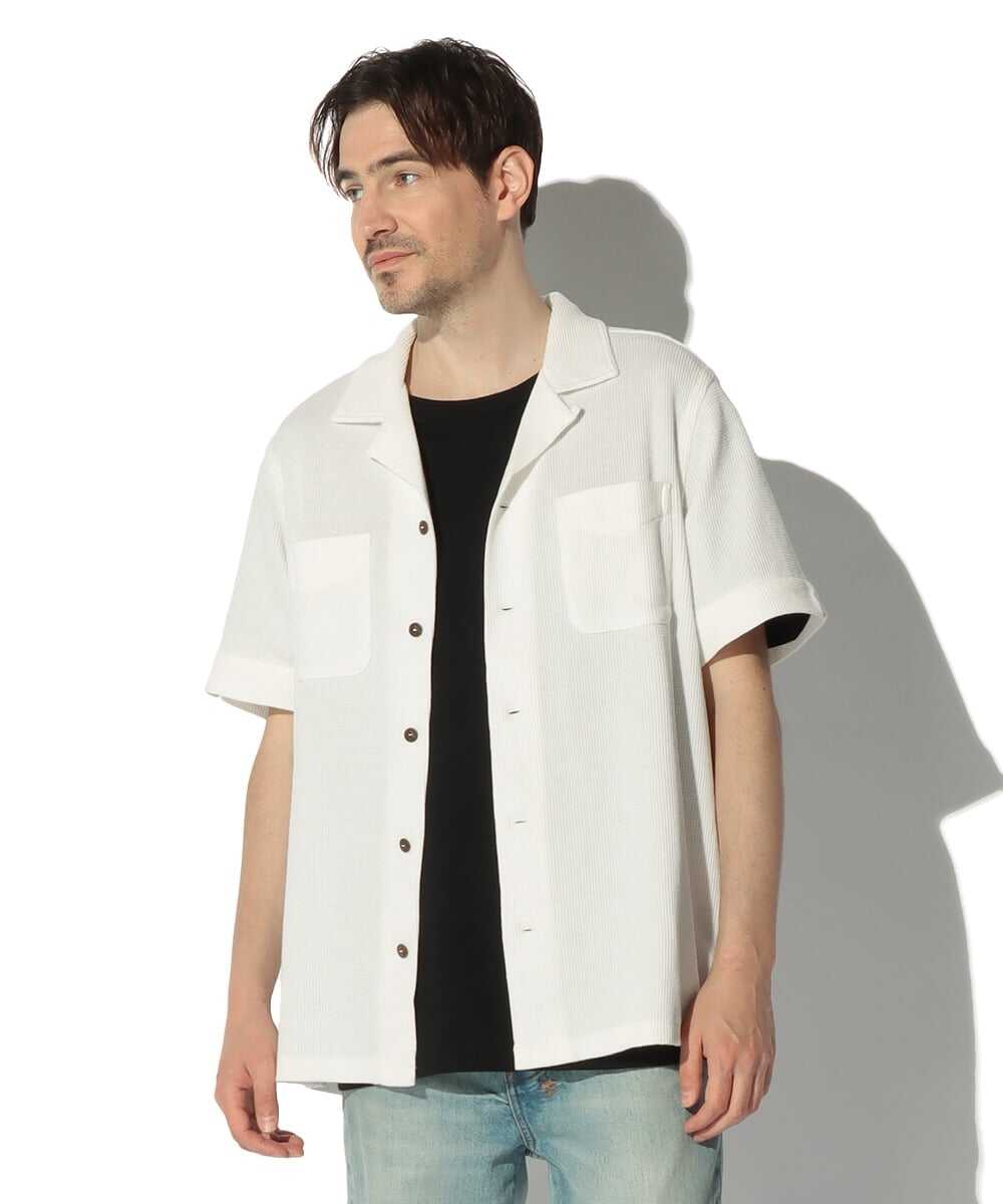 コットンリネン ワッフルオープンカラーシャツ