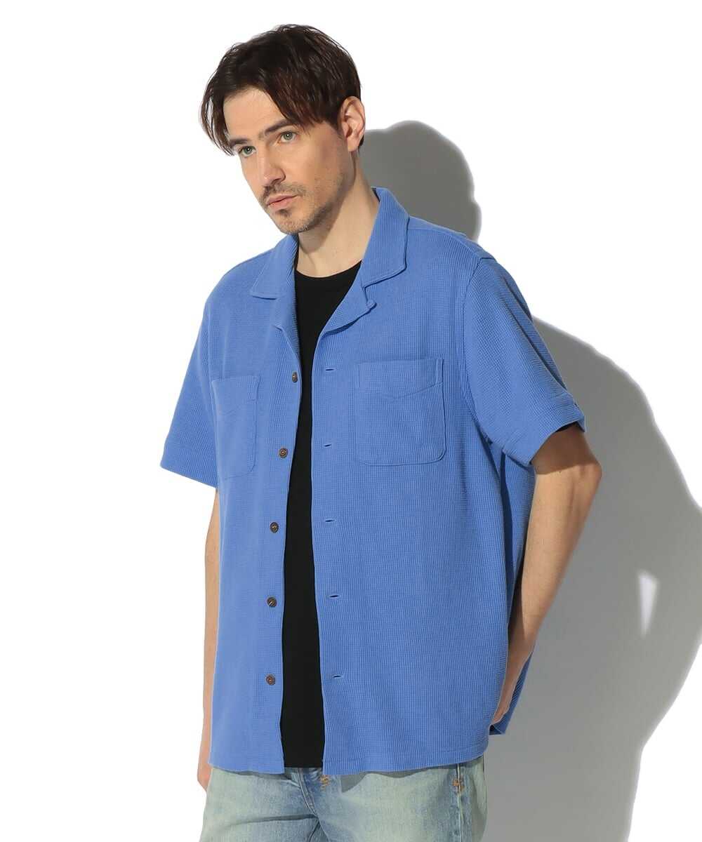 コットンリネン ワッフルオープンカラーシャツ