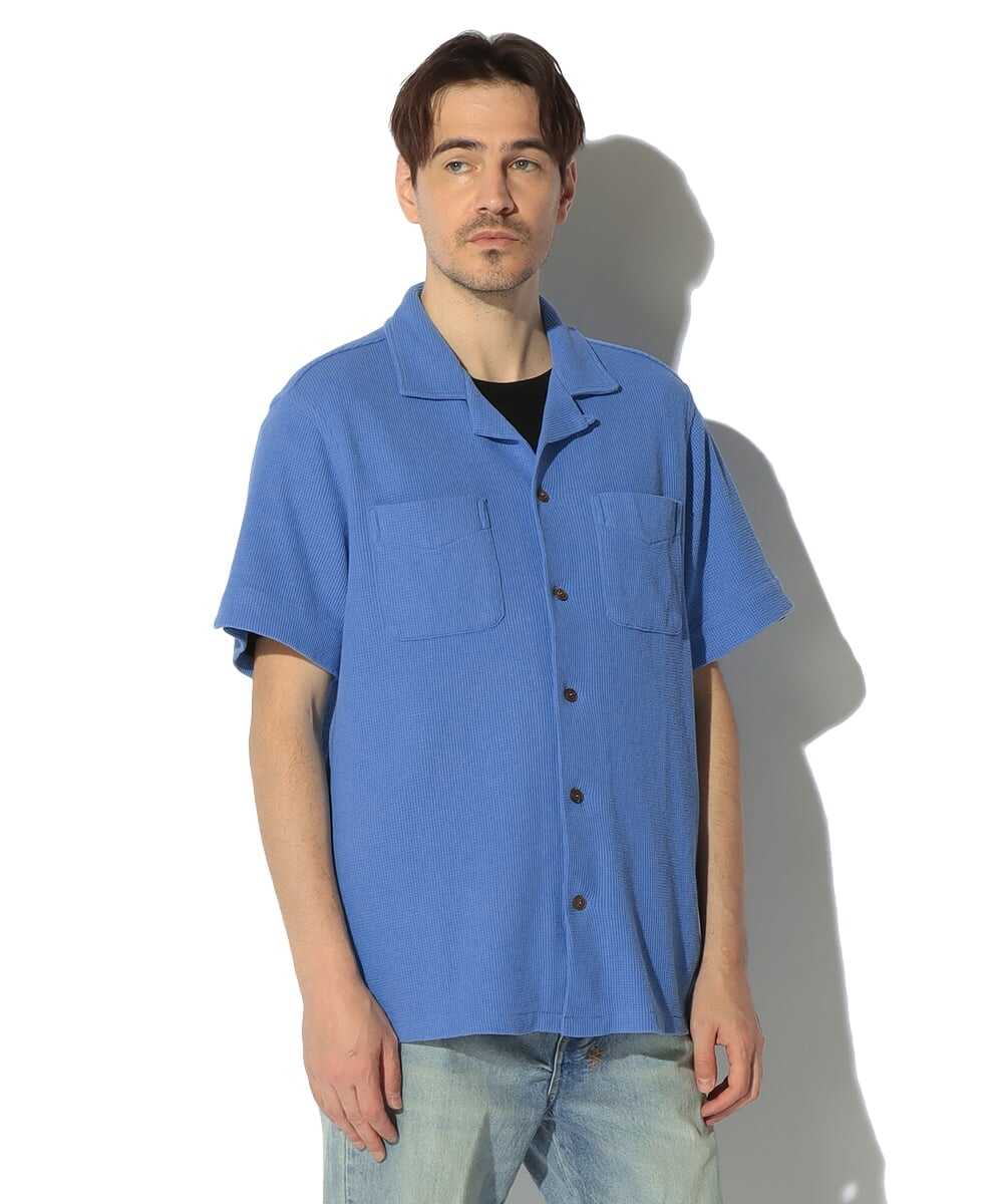 コットンリネン ワッフルオープンカラーシャツ