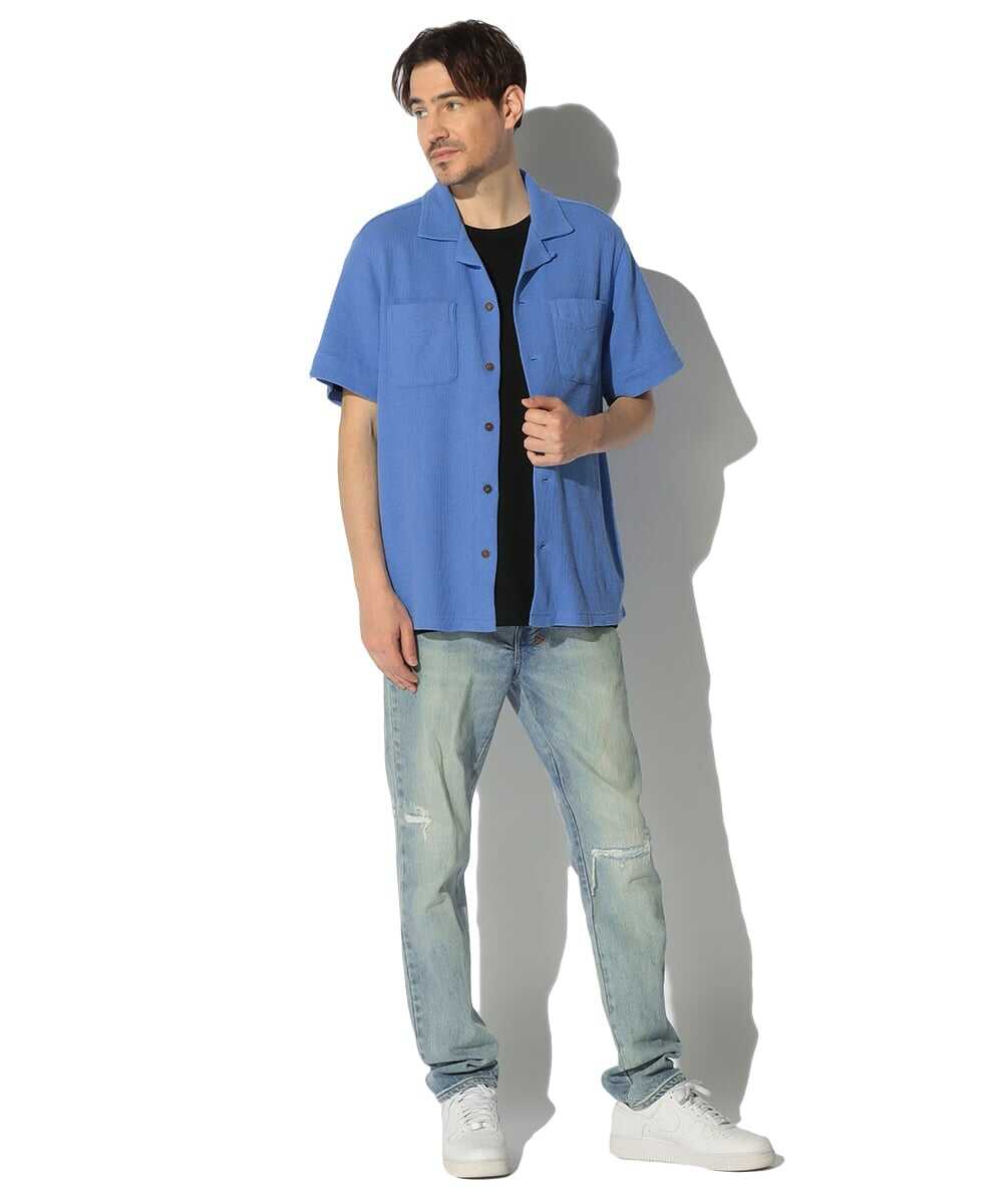 コットンリネン ワッフルオープンカラーシャツ