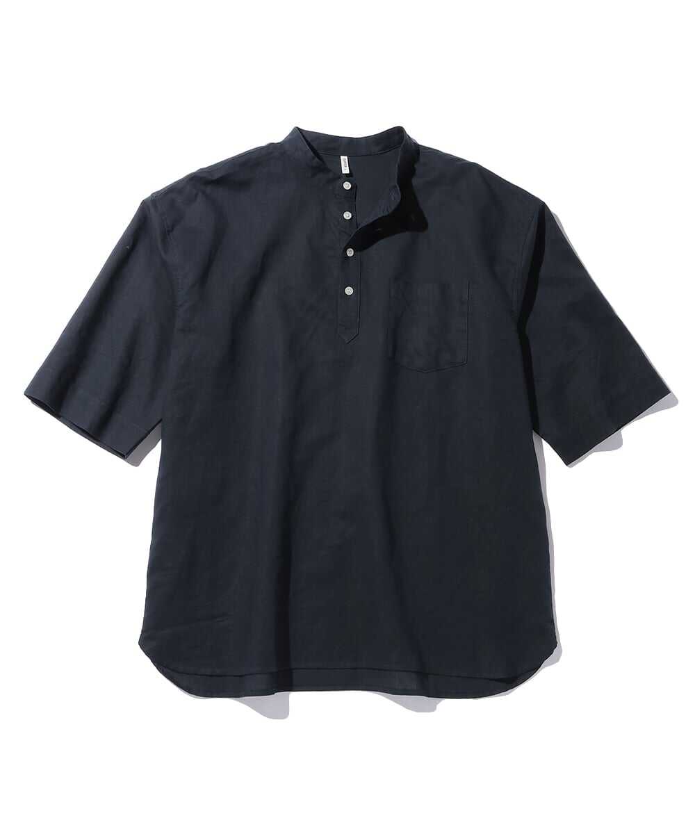 綿麻素材 スタンドカラーシャツ