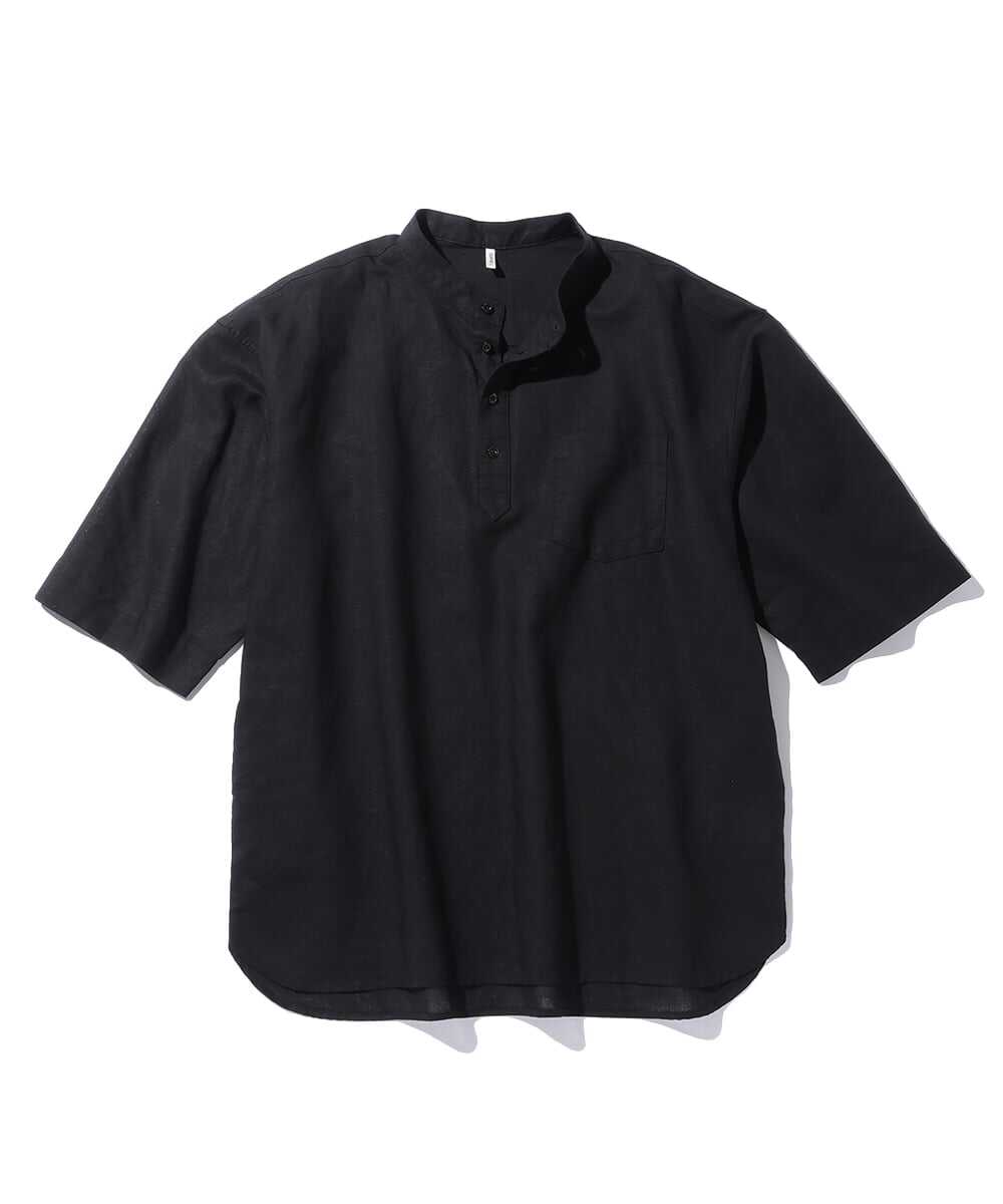 綿麻素材 スタンドカラーシャツ