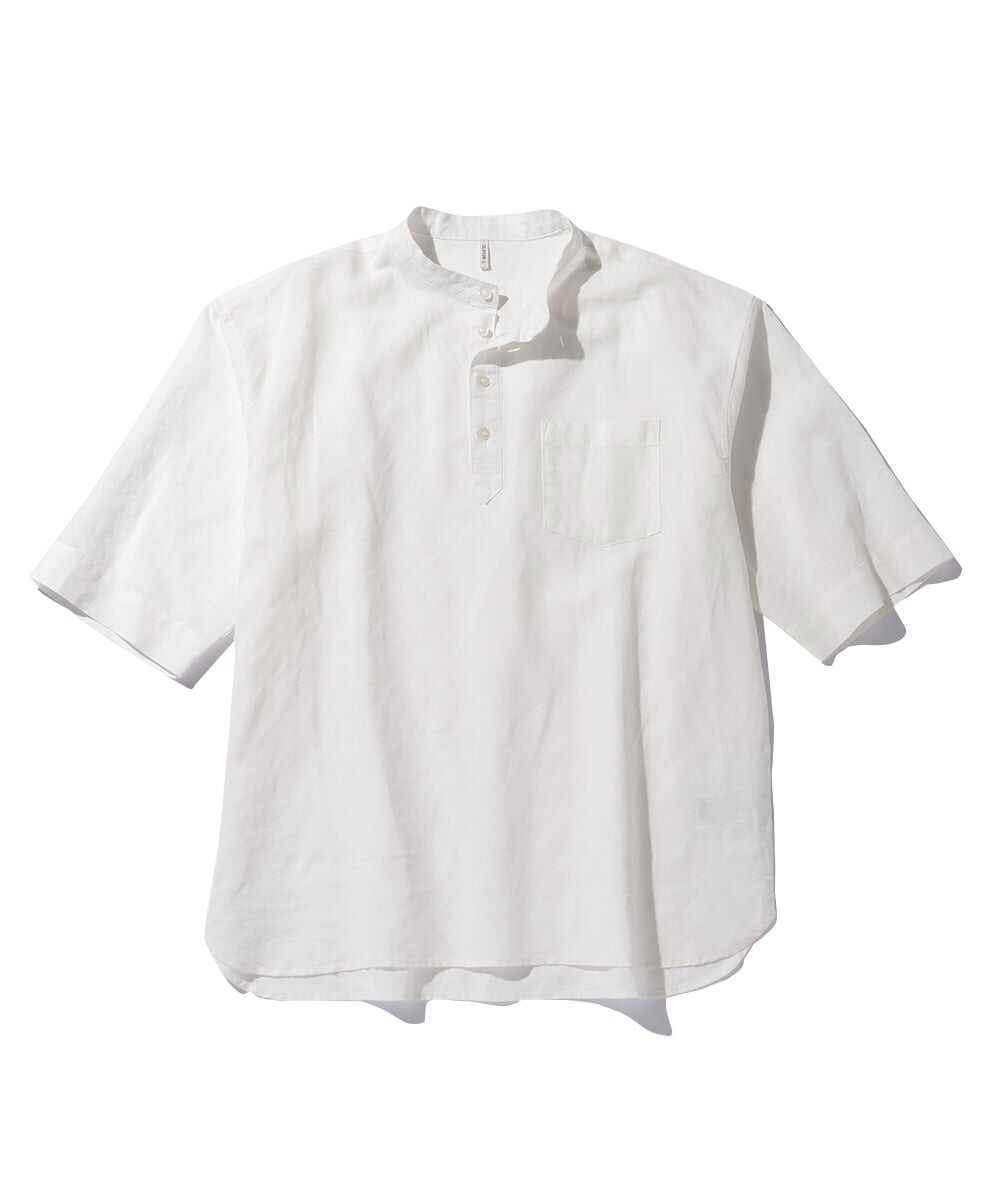 綿麻素材 スタンドカラーシャツ