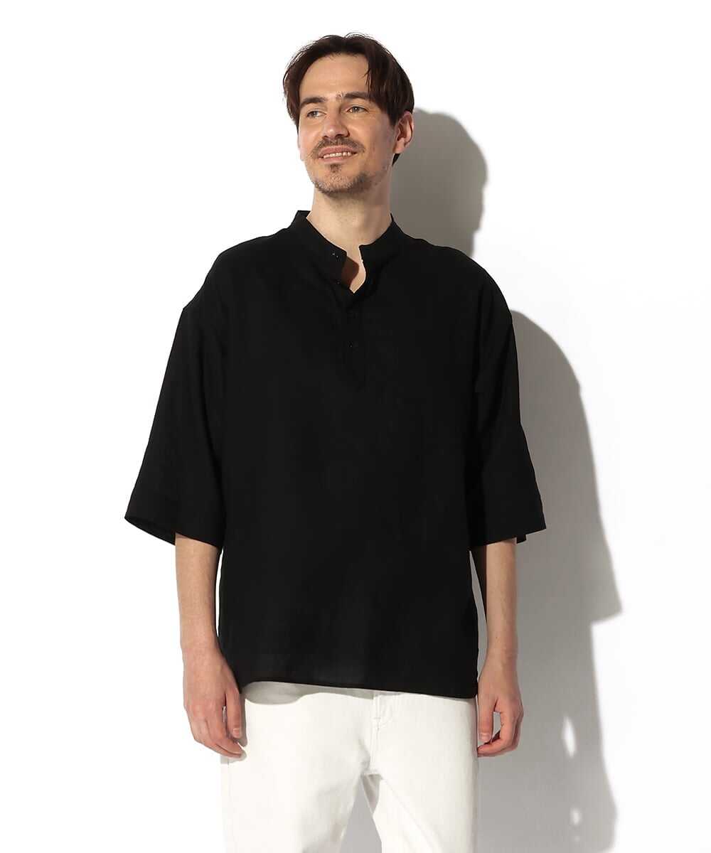 綿麻素材 スタンドカラーシャツ