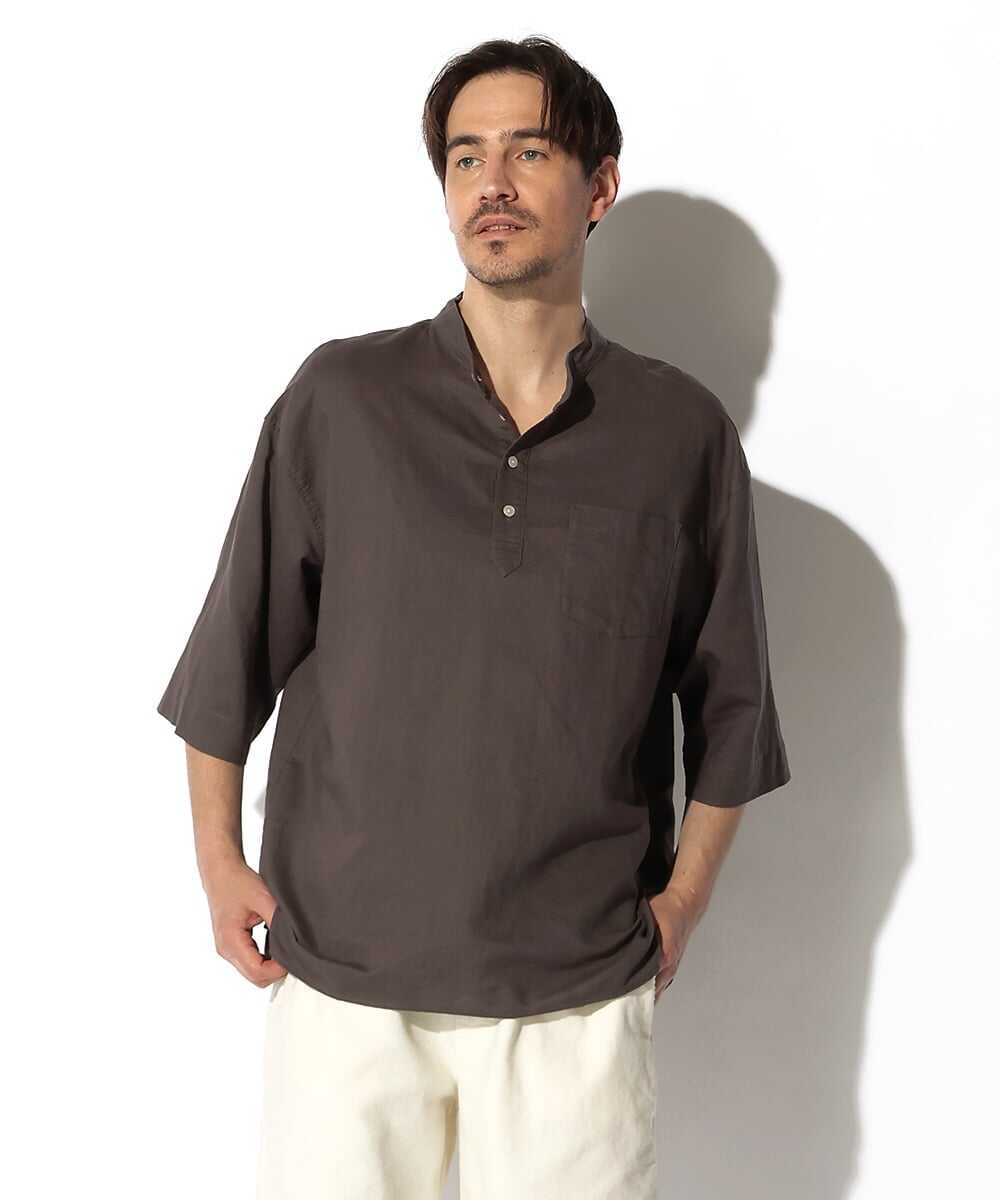 綿麻素材 スタンドカラーシャツ