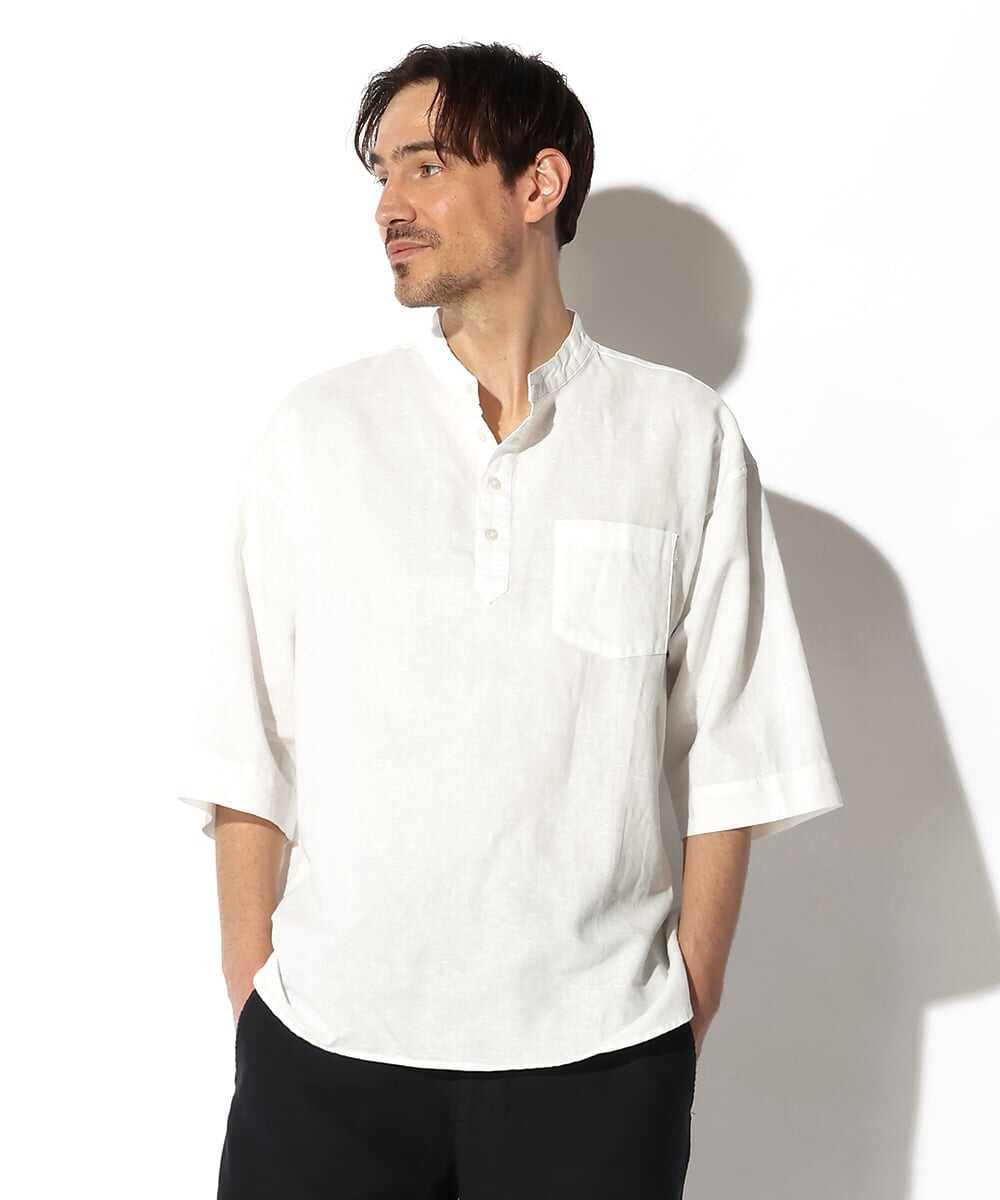 綿麻素材 スタンドカラーシャツ