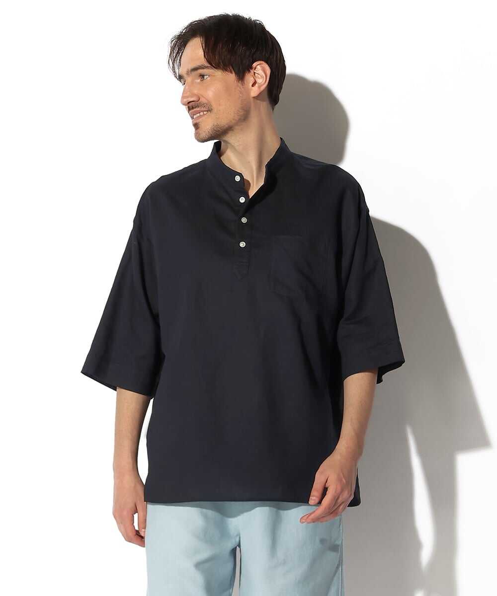 綿麻素材 スタンドカラーシャツ