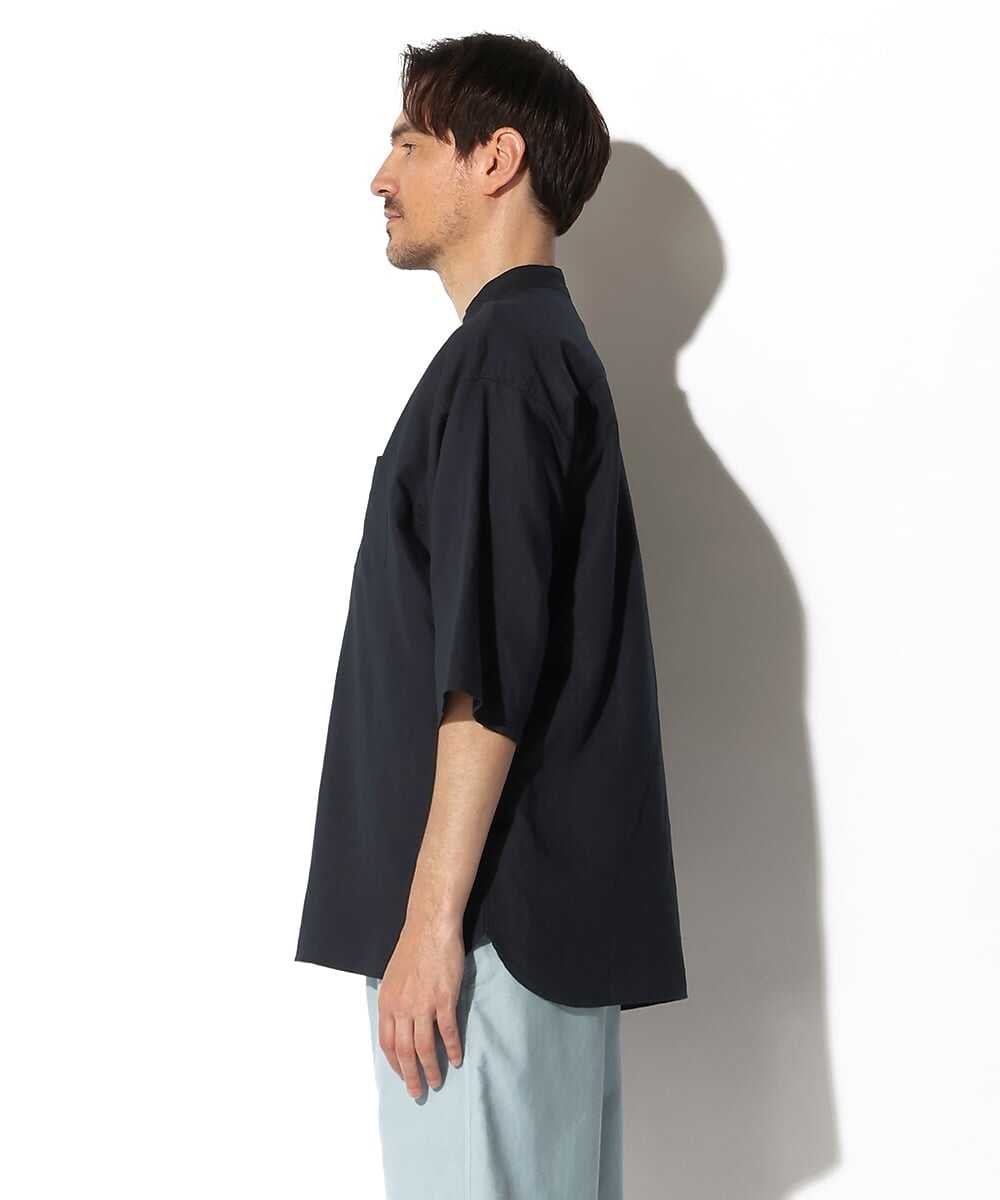綿麻素材 スタンドカラーシャツ
