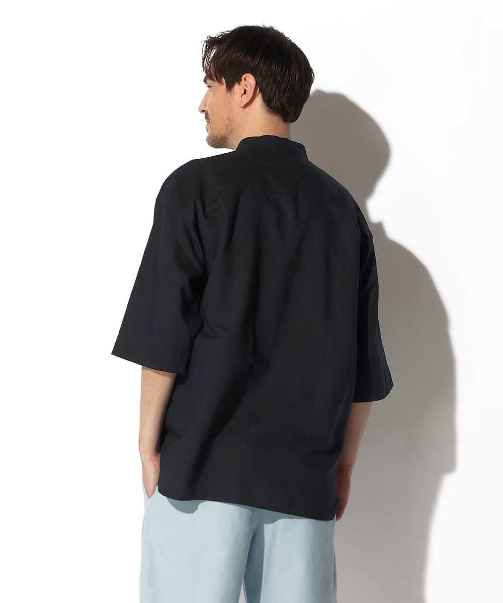 綿麻素材 スタンドカラーシャツ
