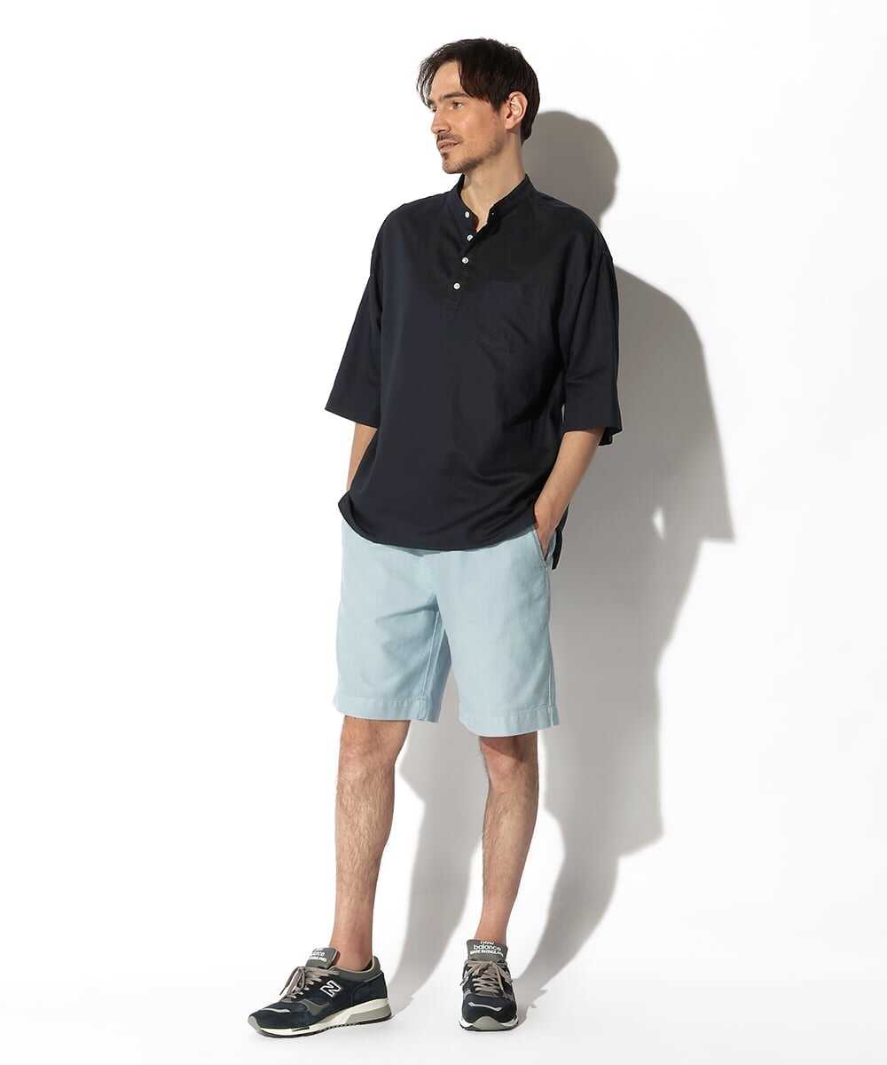 綿麻素材 スタンドカラーシャツ