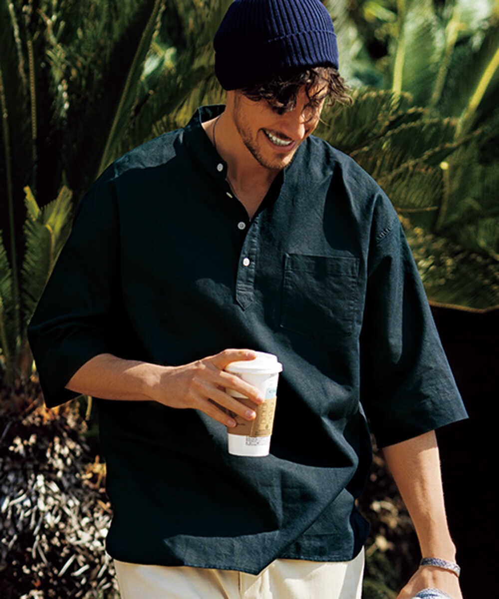 綿麻素材 スタンドカラーシャツ