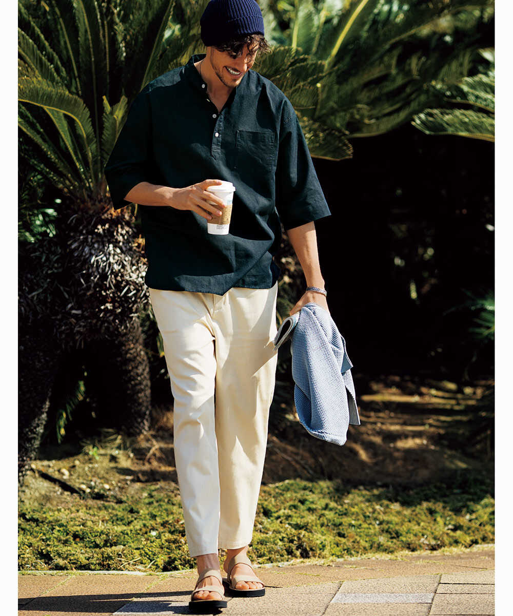 綿麻素材 スタンドカラーシャツ