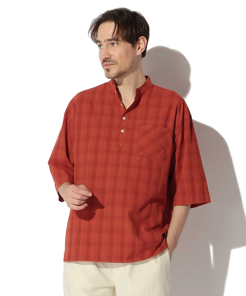 ヘンリーネックチェックシャツ