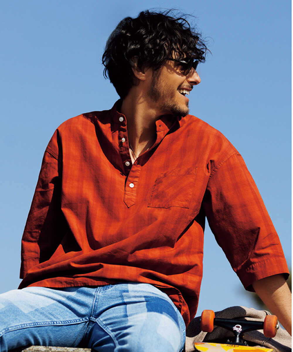 ヘンリーネックチェックシャツ