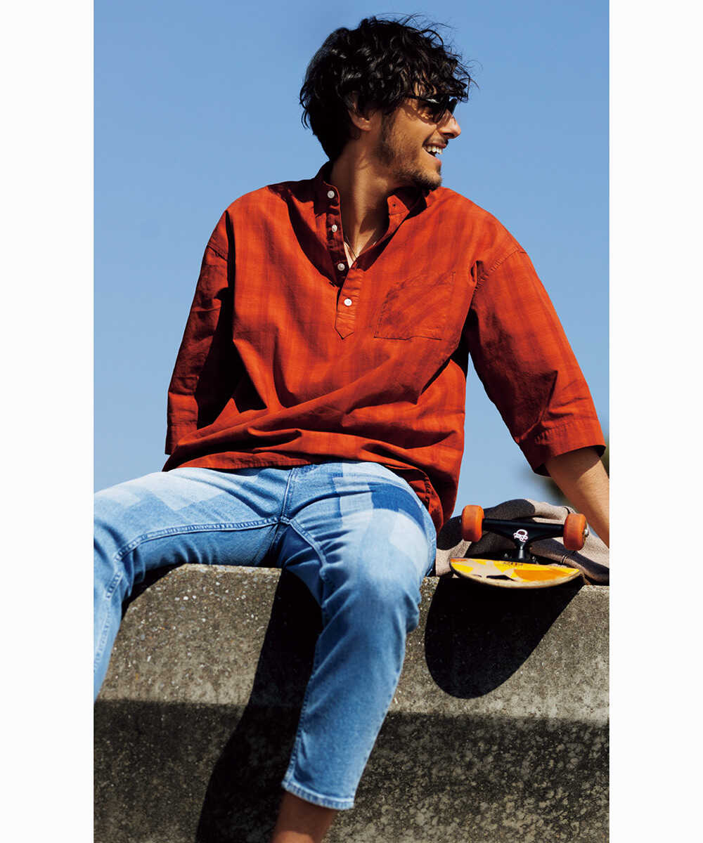 ヘンリーネックチェックシャツ