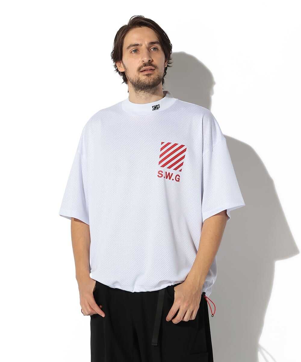 バックプリント メッシュ モックネックTシャツ