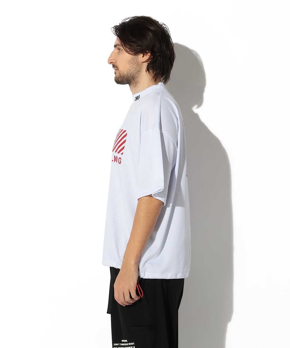 バックプリント メッシュ モックネックTシャツ