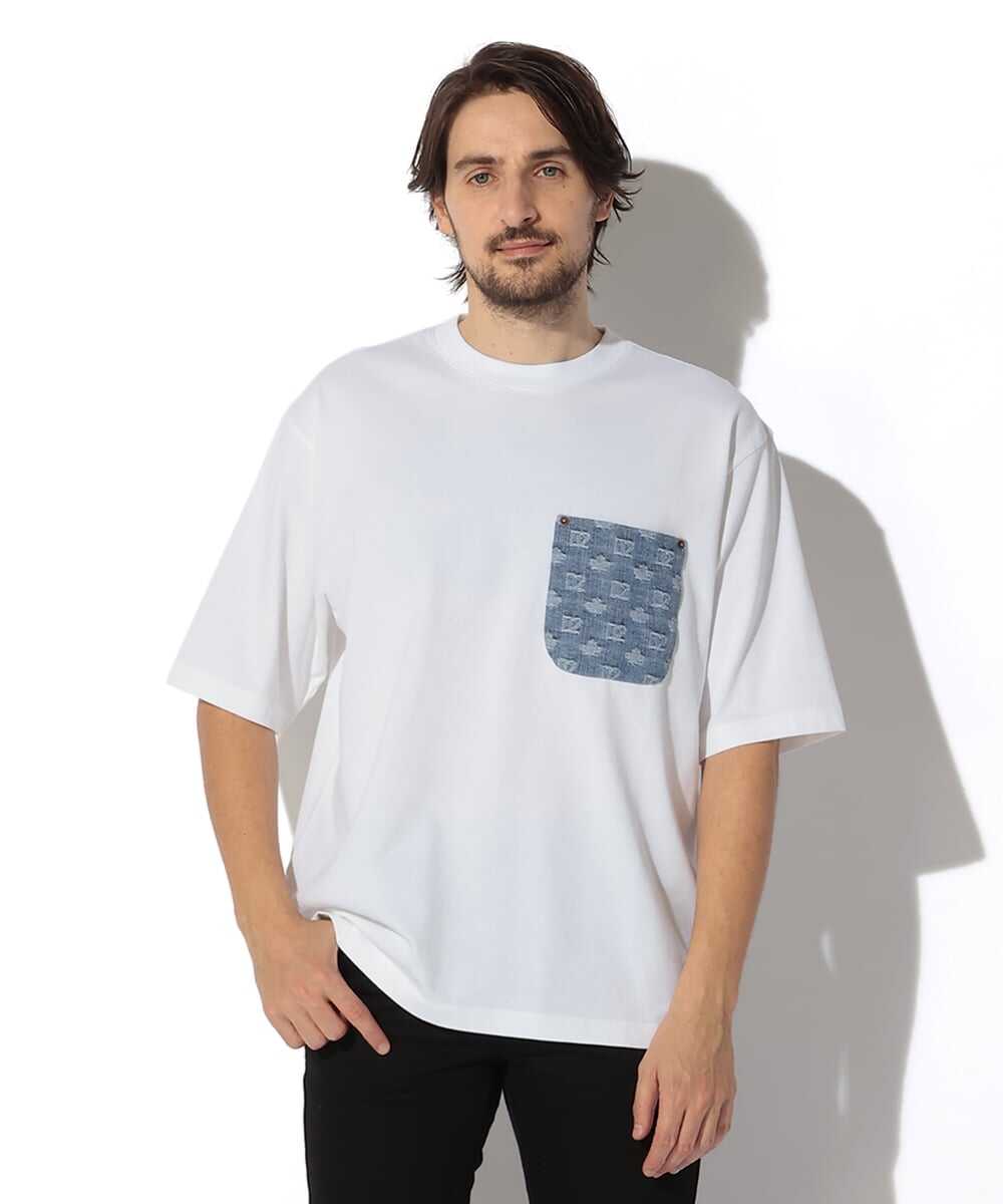 モノグラム柄デニムポケット付 コットンジャージTシャツ
