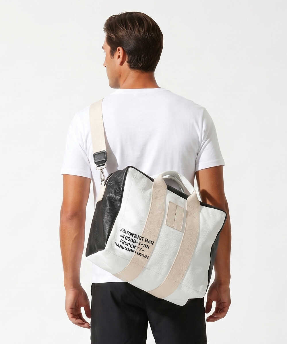 ”38”/GENUINE LEATHER 2WAYミディアムサイズバッグ ホワイト×ブラック