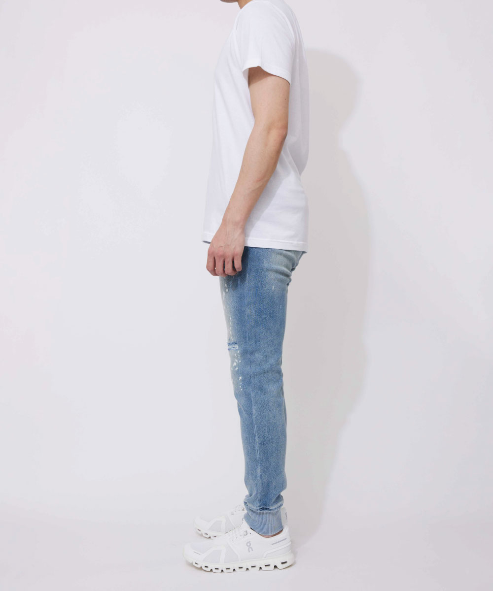 【値下げ】WP WESTPOINT ライトインディゴ リペア加工 イージーデニム 限定 インディゴ イージー デニムパンツ 裾リブ テイパード