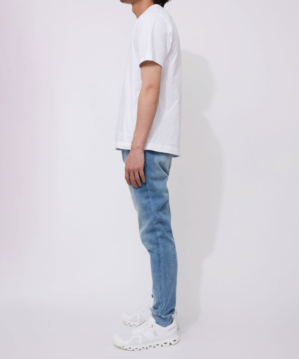 【値下げ】WP WESTPOINT ライトインディゴ リペア加工 イージーデニム 限定 テイパード デニム風 裾リブ ダメージ加工イージーパンツ