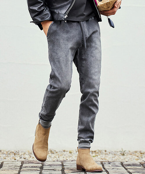 褪せブラック イージー デニムパンツ 裾リブ テイパード