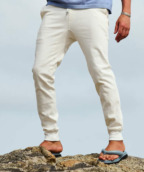 限定 テイパード デニム風 裾リブ ストレッチツイル イージーパンツ