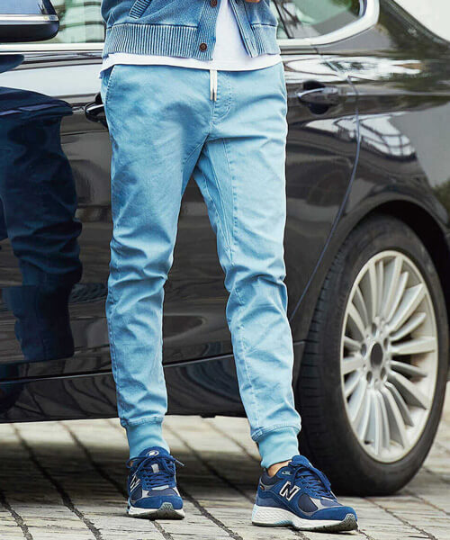 限定 テイパード 裾リブ カラーデニム風 イージーパンツ