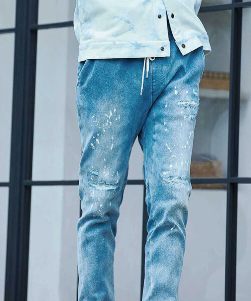 限定 テイパード デニム風 裾リブ ダメージ加工イージーパンツ