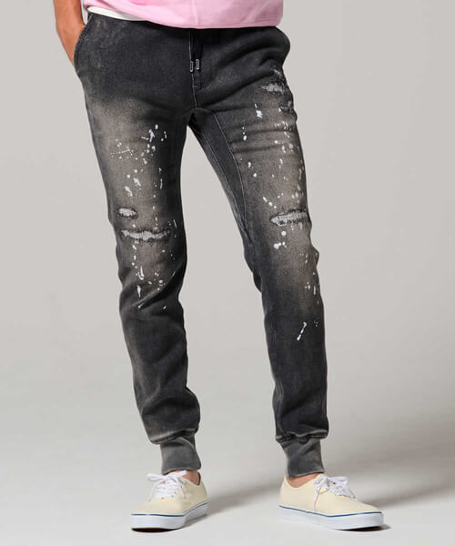 限定 テイパード デニム風 裾リブ ダメージ加工イージーパンツ